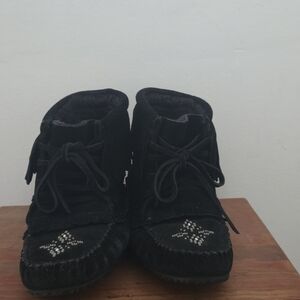 Black Suede Moccasins with Beaded Design